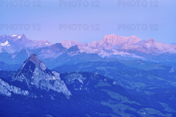 View from Rigi Kulm to the great Mythen in the light of dusk, Canton Schwyz, Switzerland