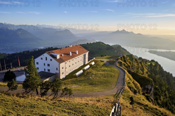 View from Rigi Kulm to the Kulm Hotel, with Lake Lucerne and Mount Pilatus in the background, Canton Schwyz, Switzerland