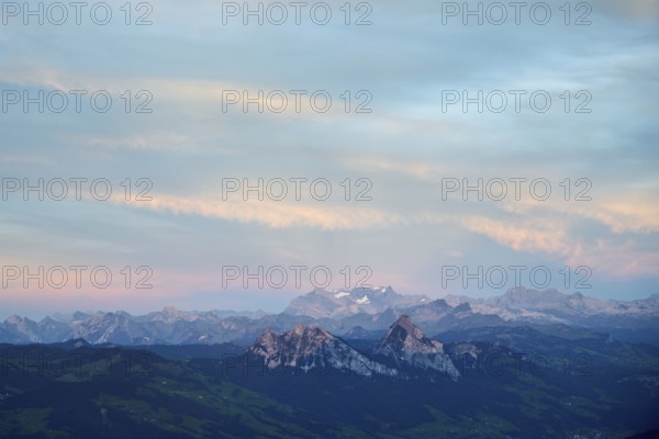 View from Rigi Kulm to the small and large Mythen in the light of dusk, Canton Schwyz Switzerland