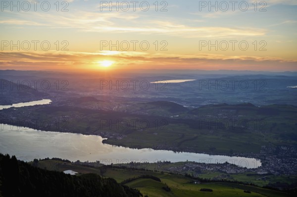 Sunset from Rigi Kulm with a view of Lake Lucerne and the Swiss Plateau, Canton Schwyz, Switzerland