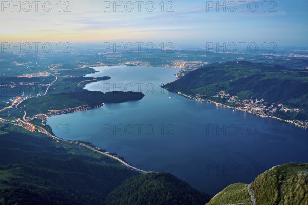 View from Rigi Kulm to the sea of lights with Lake Zug and the Kiemen, Walchwil, Canton Zug, Switzerland