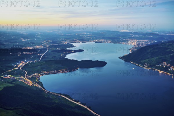 View from Rigi Kulm to the sea of lights with Lake Zug and the Kiemen, Walchwil, Canton Zug, Switzerland