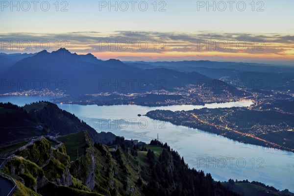 View from Rigi Kulm to the sea of lights, Lake Lucerne, Pilatus and the city, Lucerne, Canton Lucerne, Switzerland