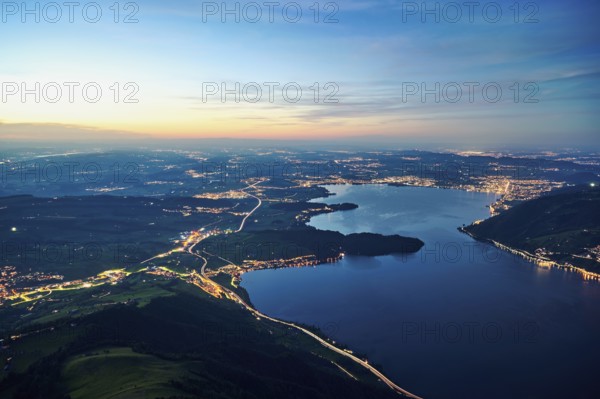 View from Rigi Kulm to the sea of lights with the motorway, Lake Zug, Immensee, Canton Schwyz, Switzerland