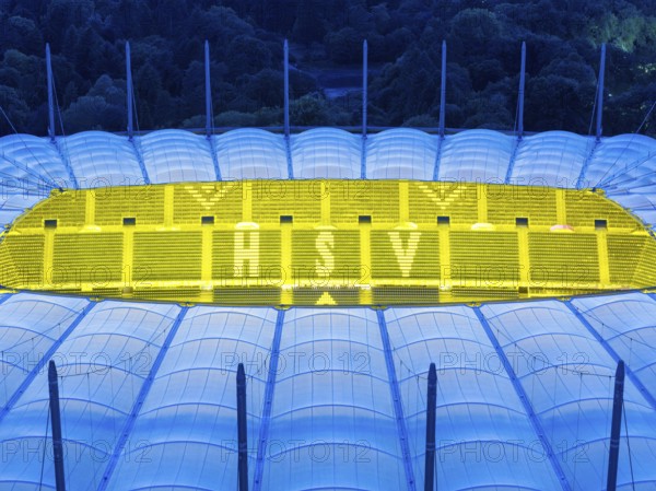 Aerial view of the Hamburg Volksparkstadion (HSV) at blue hour, Hamburg, Germany