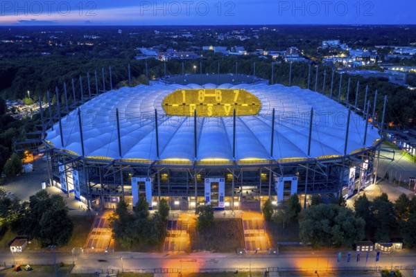 Aerial view of the Hamburg Volksparkstadion (HSV) at blue hour, Hamburg, Germany