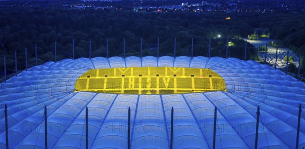Aerial view of the Hamburg Volksparkstadion (HSV) at blue hour, Hamburg, Germany
