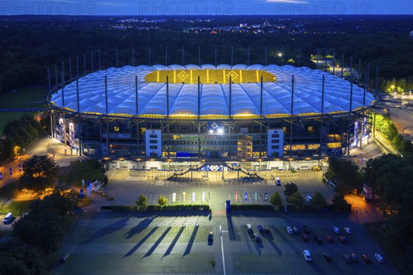 Aerial view of the Hamburg Volksparkstadion (HSV) at blue hour, Hamburg, Germany
