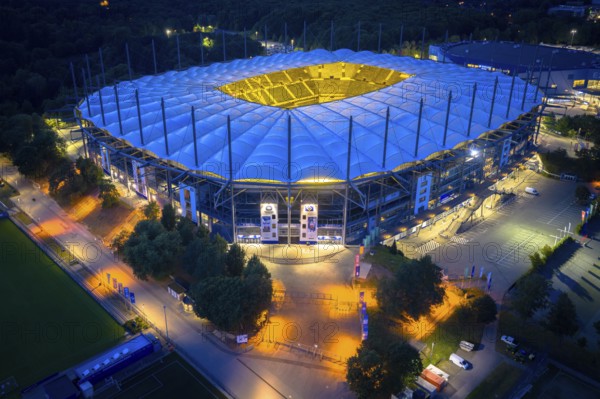Aerial view of the Hamburg Volksparkstadion (HSV) at blue hour, Hamburg, Germany