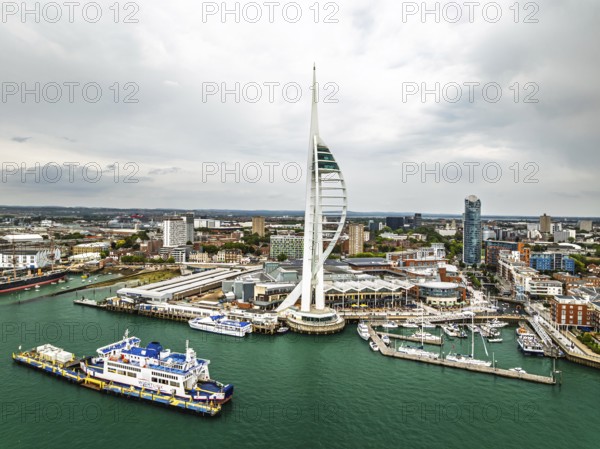 Portsmouth Harbour over Spinnaker Tower from a drone, Portsmouth, Gosport, England, United Kingdom