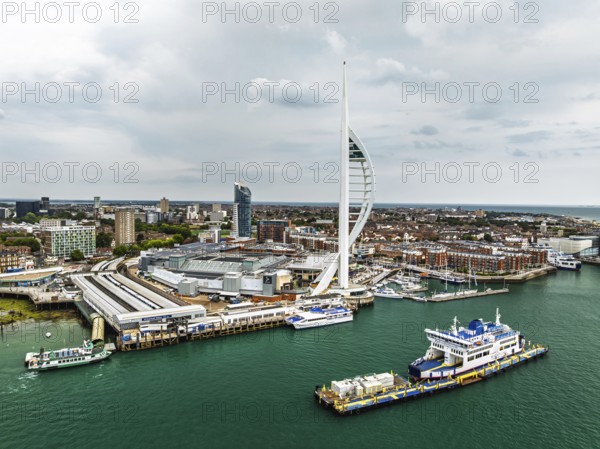 Portsmouth Harbour over Spinnaker Tower from a drone, Portsmouth, Gosport, England, United Kingdom