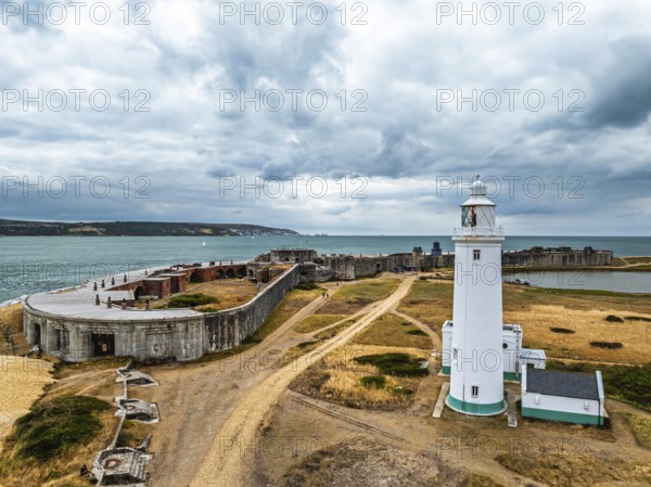 Hurst Point Lighthouse and Hurst Castle from drone over Hurst Spit, Milford on Sea, Lymington, Hampshire, England, United Kingdom