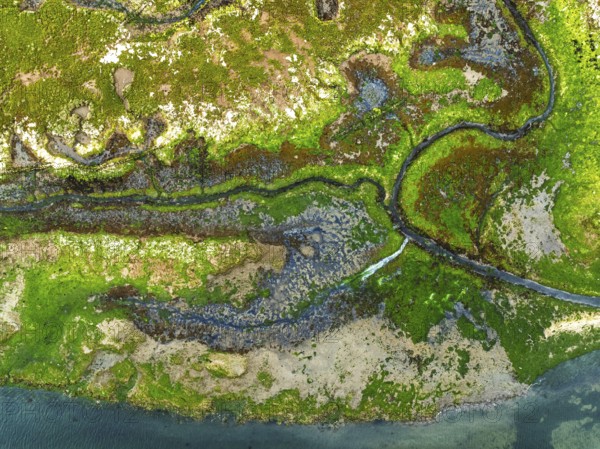 Top Down over River Hamble Mud at low tide from drone, Swanwick, Southampton, Hampshire, England, United Kingdom