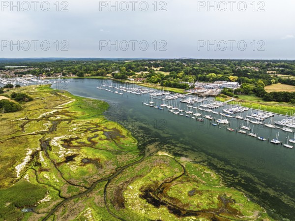 River Hamble and Swanwick Marina from drone, Swanwick, Southampton, Hampshire, England, United Kingdom