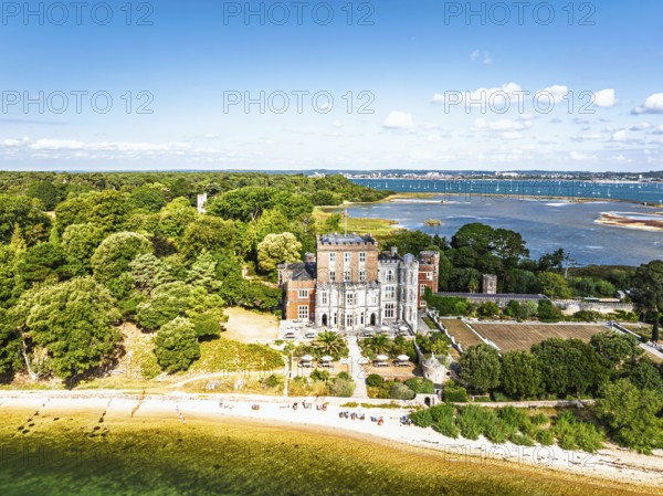 Brownsea Castle on Brownsea Island from a drone, Poole, Dorset, England, United Kingdom