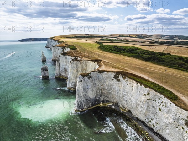 White Cliffs of Old Harry Rocks Jurassic Coast from a drone, Handfast Point, Dorset Coast, Poole, Dorset, England, United Kingdom
