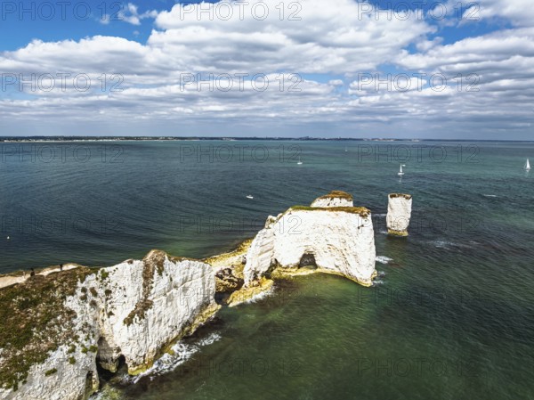 White Cliffs of Old Harry Rocks Jurassic Coast from a drone, Handfast Point, Dorset Coast, Poole, Dorset, England, United Kingdom