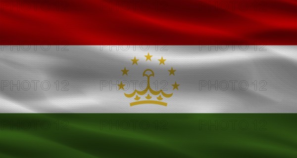 Tajikistan flag with fabric texture. Realistic flag of Tajikistan waving
