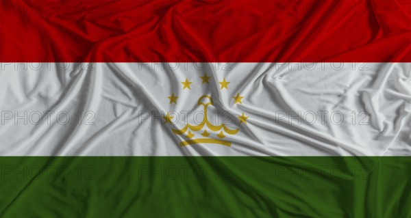 Tajikistani flag with fabric texture background. National flag of Tajikistan with cloth texture