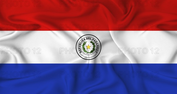 Realistic Paraguay flag waving. Close up of flag of Paraguay with cloth texture
