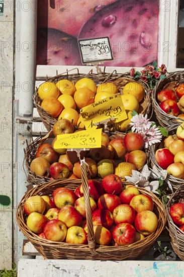 Fresh apples and fresh fruit with price tags in baskets in front of a greengrocer's shop, Bremen, Germany