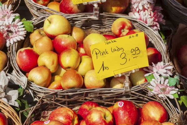 Fresh apples and fresh fruit with price tags in baskets in front of a greengrocer's shop, Bremen, Germany