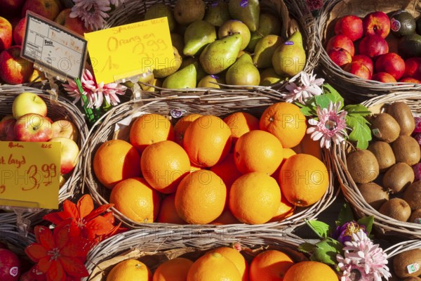 Oranges and fresh fruit with price tags in baskets in front of a greengrocer's shop, Bremen, Germany