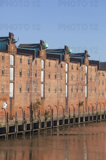 Old warehouses on Dessauer Ufer in Hamburg-Veddel, satellite camp of Neuengamme concentration camp during the Second World War, Veddel, Hamburg, Germany