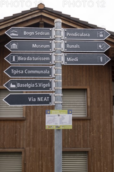 Signposts to places of interest in the village, Sedrun, Surselva, Grisons, Switzerland