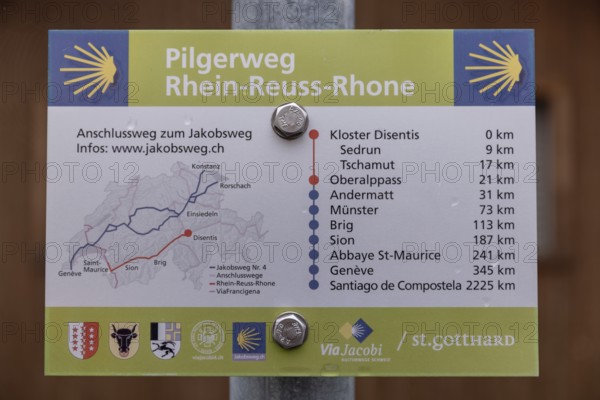 Information board on the Rhine-Reuss-Rhone pilgrimage route, Via Jacobi, Sedrun, Surselva, Graubünden, Switzerland