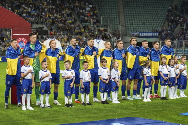 WROCLAW, POLAND - SEPTEMBER 5, 2025: Football match Ukraine vs France 0:2. Team of Ukraine during the anthem