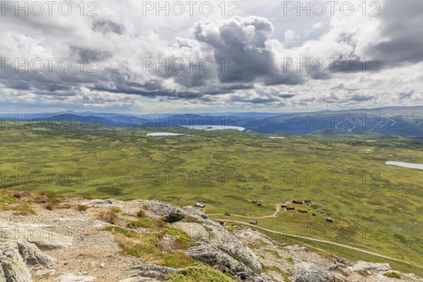 Gravel road through Jotunheimen National Park, view from Smørkollen mountain, Beitostølen, Innlandet, Norway
