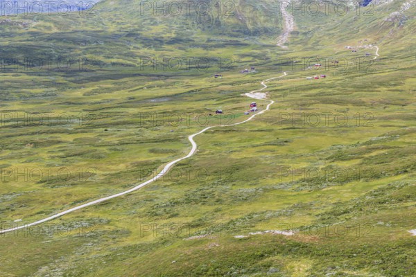Gravel road through Jotunheimen National Park, view from Smørkollen mountain, Beitostølen, Innlandet, Norway