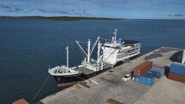 Ferry and supply vessel freighter Micronesian Navigators moored in the harbour of Colonia capital of Yap Island, Pacific Ocean, Yap Island, Yap State, Caroline Islands, FSM, Federated States of Micronesia, Australia, Oceania