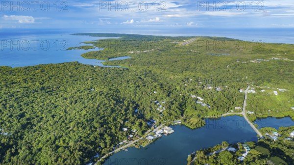 Aerial view of northern part of Yap Island with small Yap Airport with runway in the centre, Pacific Ocean, Yap Island, Yap State, Caroline Islands, FSM, Federated States of Micronesia, Australia, Oceania
