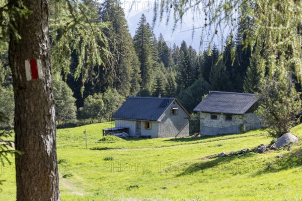 Settlement at mountain huts, Ör da Pü, Blenio, Ticino, Switzerland