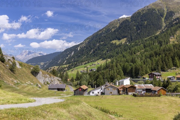 Hamlet with chapel of St James the Elder, Acla, Curaglia, Val Medel, Graubünden, Switzerland
