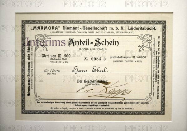 Share certificate of the Lüderitzbucht Diamond Company, exhibit in the Jasper House Museum, Oranjemund, restricted diamond area, Karas region, Namibia