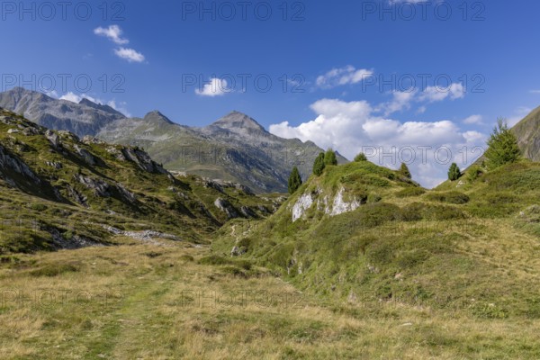 Hiking trail, Alpe di Croce, view to the pass summit with Piz Gannaretsch, Lukmanier Pass, Blenio, Ticino, Switzerland