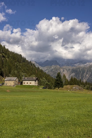 Mountain huts in high valley, Campra, Lukmanier Pass, Blenio, Ticino, Switzerland