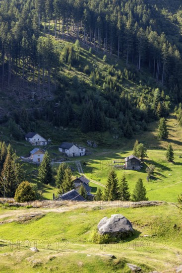 Settlement at mountain huts, Ör da Pü, Blenio, Ticino, Switzerland