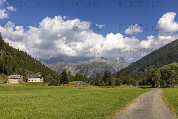 Mountain huts in high valley, Campra, Lukmanier Pass, Blenio, Ticino, Switzerland
