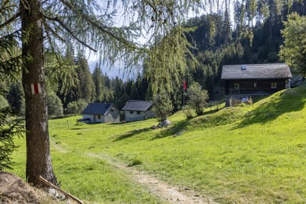 Settlement at mountain huts, Ör da Pü, Blenio, Ticino, Switzerland