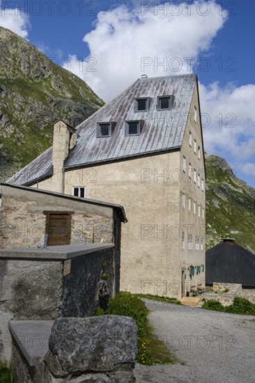 Building built from 1230 in the 13th century Ospizio Hospiz Herberge San Gottardo St. Gotthard at the top of the Gotthard Pass, Swiss Alps, Airolo, Canton Ticino, Ticino, Switzerland