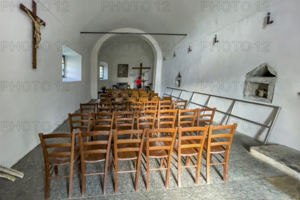 Cappella di San Gottardo from 1230 Chapel dedicated to St Gotthard on the ground floor of the 13th century building Ospizio Hospiz hostel at the top of the Gotthard Pass, Swiss Alps, Airolo, Canton Ticino, Ticino, Switzerland