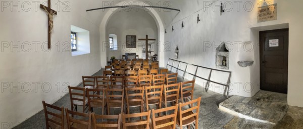 Cappella di San Gottardo from 1230 Chapel dedicated to St Gotthard on the ground floor of the 13th century building Ospizio Hospiz hostel at the top of the Gotthard Pass, Swiss Alps, Airolo, Canton Ticino, Ticino, Switzerland