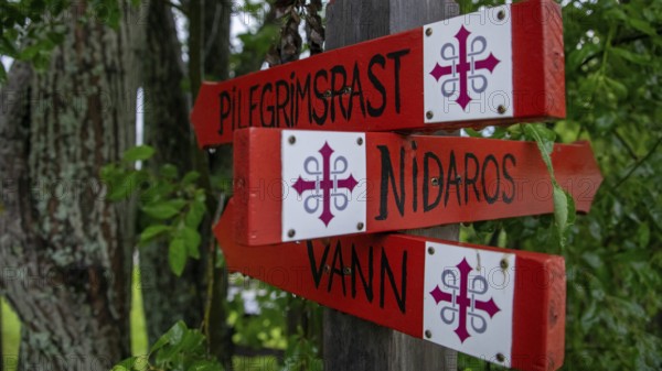 Signpost Nidaros for pilgrims with the Olav Cross, Olavsweg or Olavsleden, Eidsvoll, Norway