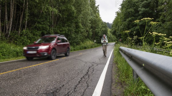 Pilgrims on a wet road, Olavsweg or Olavsleden, near Eidsvoll, Norway