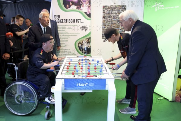 At the stand: German Table Football Association: H.E. Marcelo Rebelo de Sousa President of the Portuguese Republic with Volker Baür and David Hansen with Federal President Frank-Walter Steinmeier - Citizens' Festival of the Federal President, Bellevue Palace, Berlin, 12.9.25