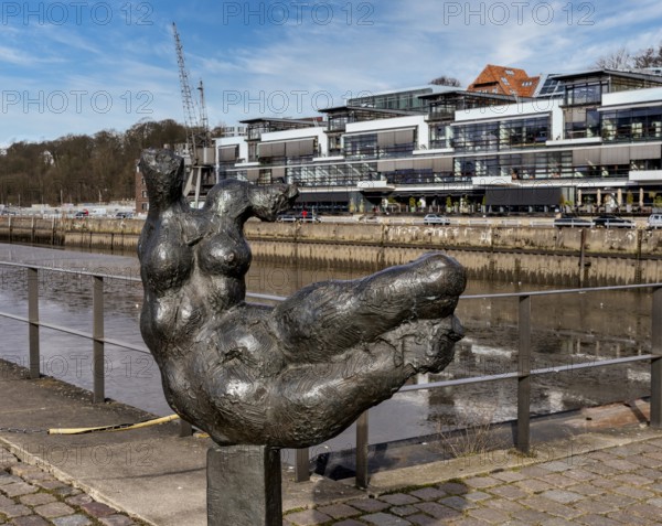 Bronze sculpture The Elbe by Wieland Förster, Dockland in Hamburg harbour, Hamburg, Germany